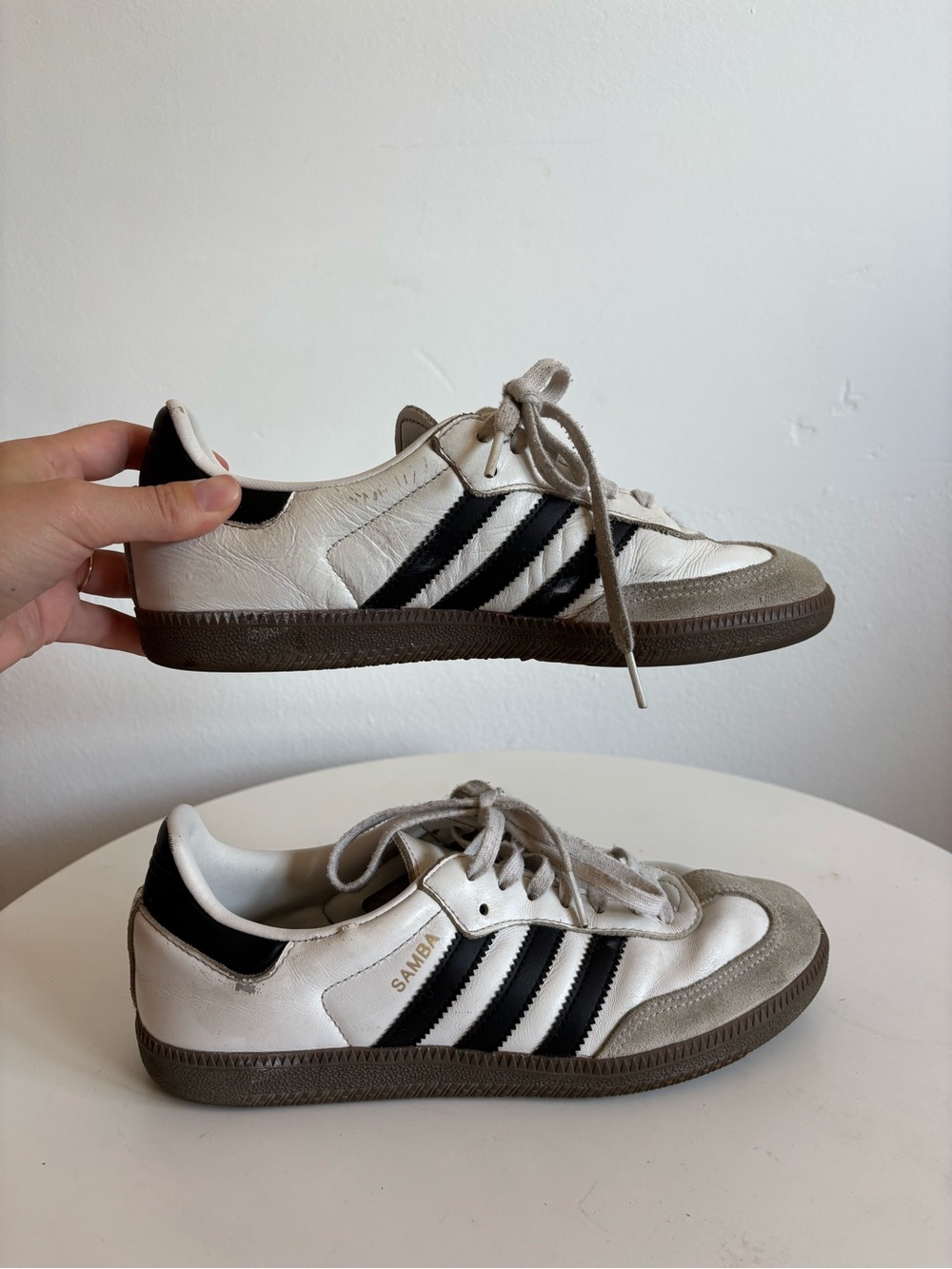 adidas Samba Sneakers in White, Black and Gray Brown Sole